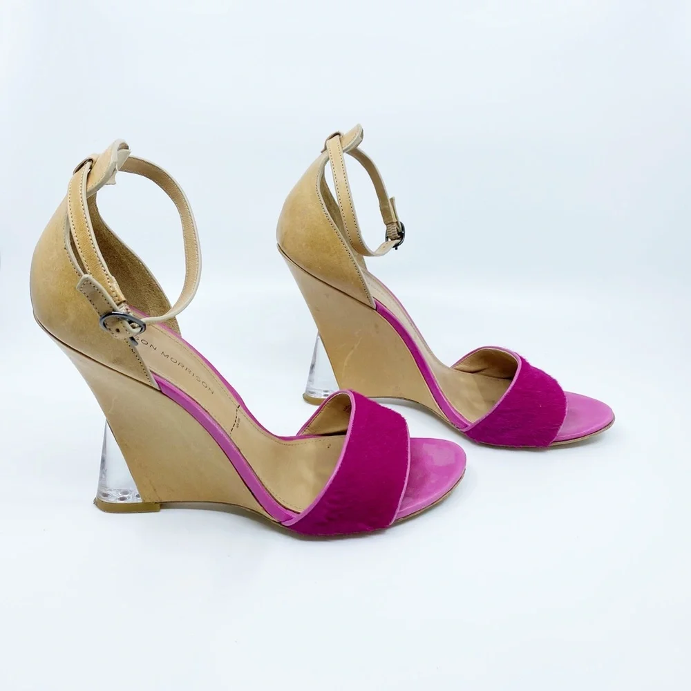 sigerson morrison • pink fuchsia haircalf tan dali lucite wedge heel sandals 9.5 - Picture 6 of 16